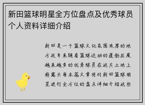 新田篮球明星全方位盘点及优秀球员个人资料详细介绍