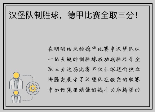 汉堡队制胜球，德甲比赛全取三分！